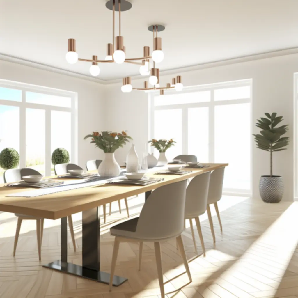 Elegancka jadalnia z dużym stołem i krzesłami w przytulnej, nowoczesnej aranżacji.