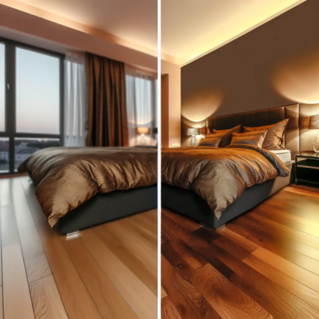 Przytulna sypialnia z łóżkiem w ciepłych, neutralnych barwach