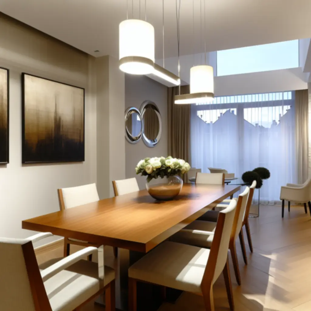 Nowoczesna jadalnia z drewnianym stołem i krzesłami