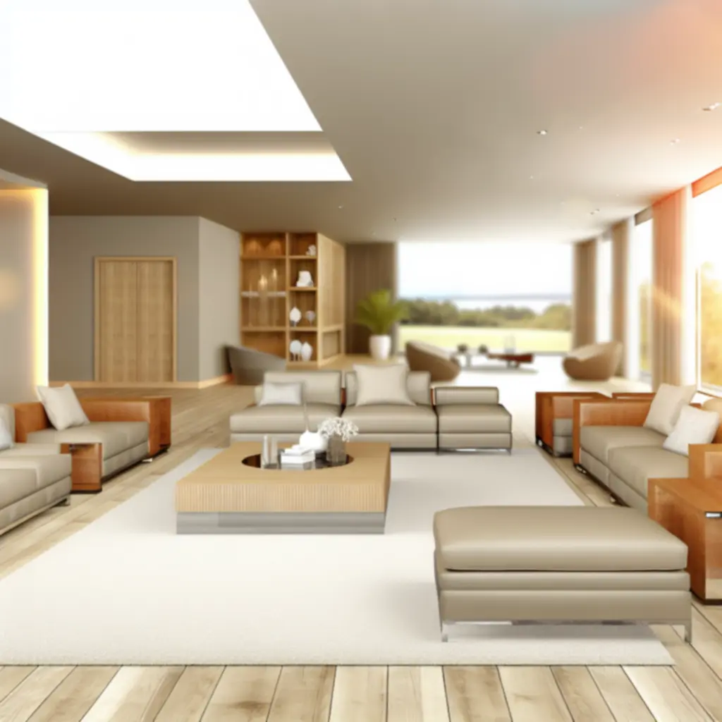 Nowoczesny, przytulny salon Domfurnex z eleganckimi meblami w ciepłej, neutralnej kolorystyce.