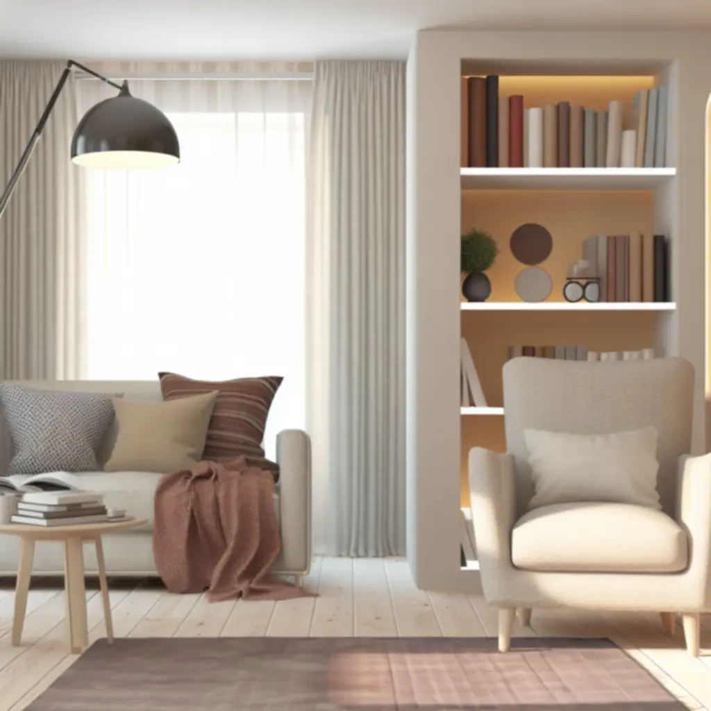 Przytulne wnętrze z nowoczesnymi meblami i ciepłym oświetleniem