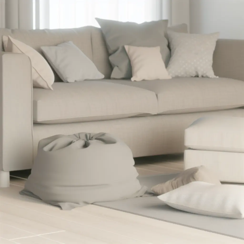 Przytulna strefa wypoczynkowa w salonie z sofą, pufą i podnóżkiem