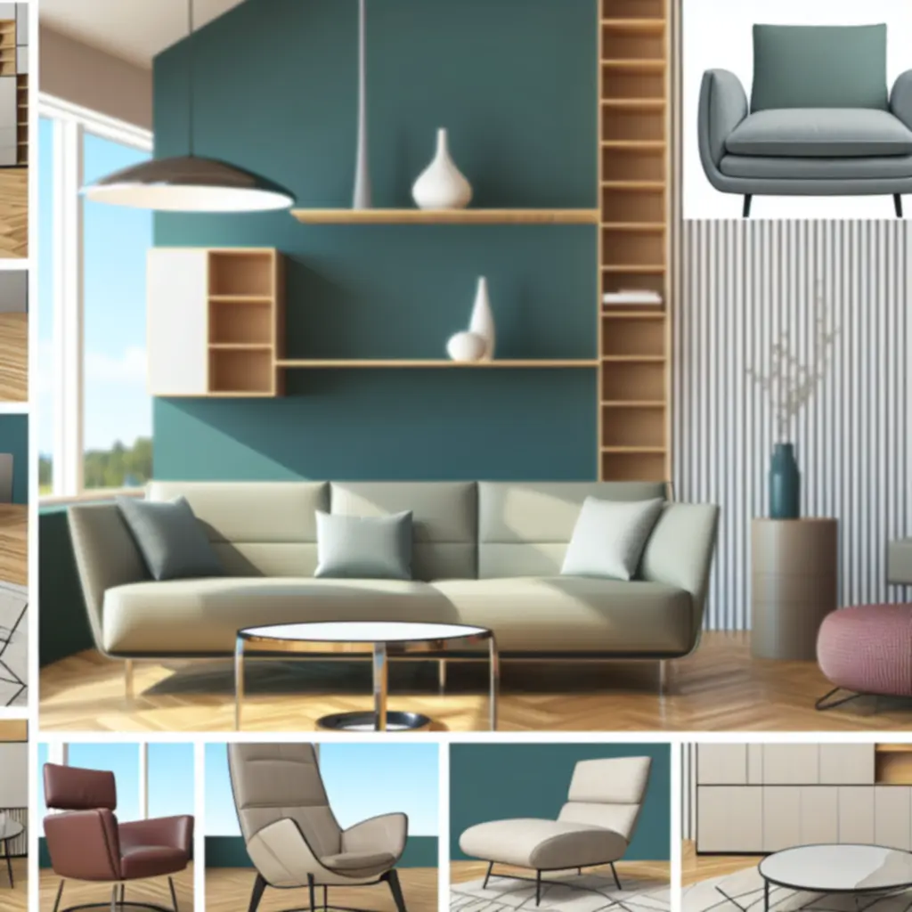 Kuratorowana kolekcja mebli do salonu z sofą, stolikiem kawowym i regałem w ciepłych, neutralnych barwach.