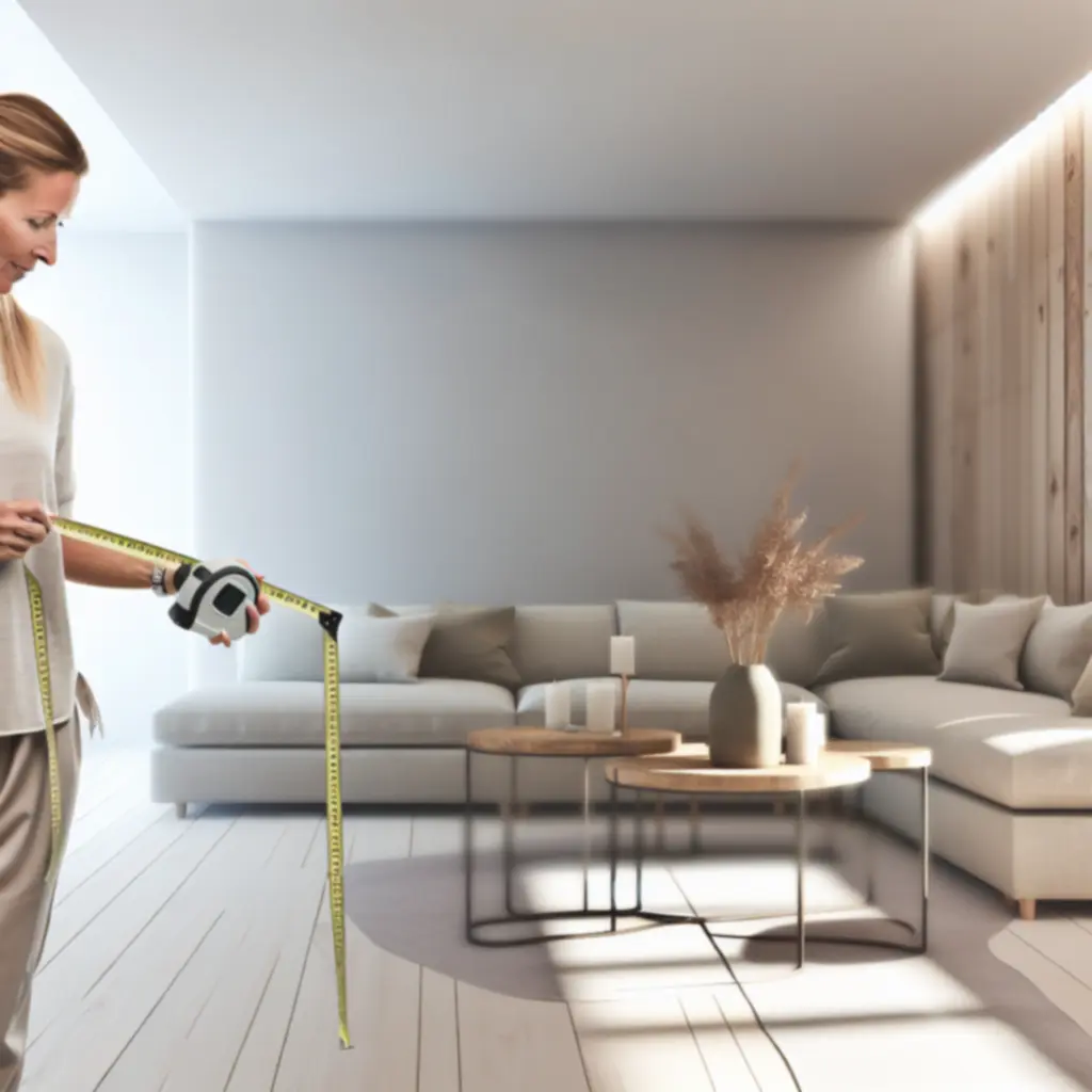 Nowoczesny salon z zaznaczonymi wymiarami mebli