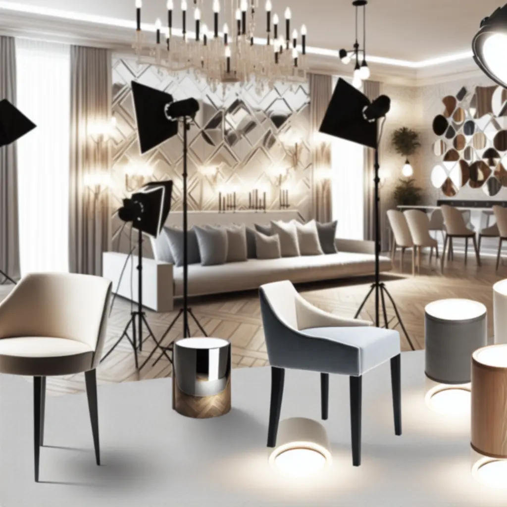 Ekspozycja nowości meblowych Domfurnex w eleganckim, jasnym wnętrzu.