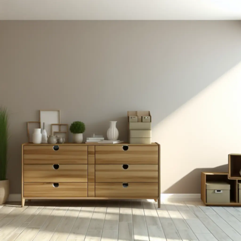 Nowoczesna komoda w salonie Domfurnex z jasnym frontem i drewnianym wykończeniem