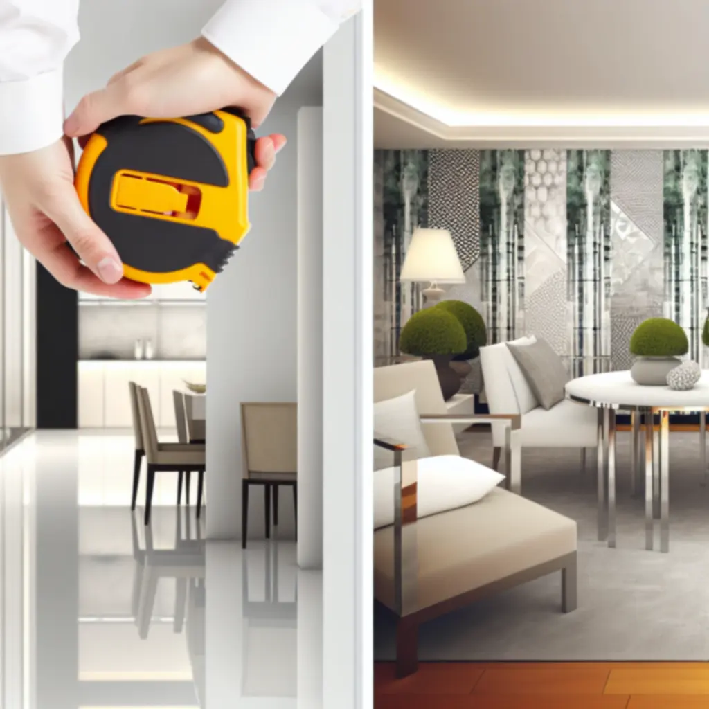 Miarka zwinięta na planie pokoju do mierzenia przestrzeni