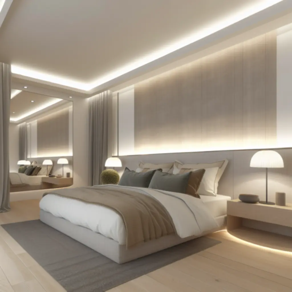 Nowoczesna, elegancka sypialnia Domfurnex w ciepłych, neutralnych barwach